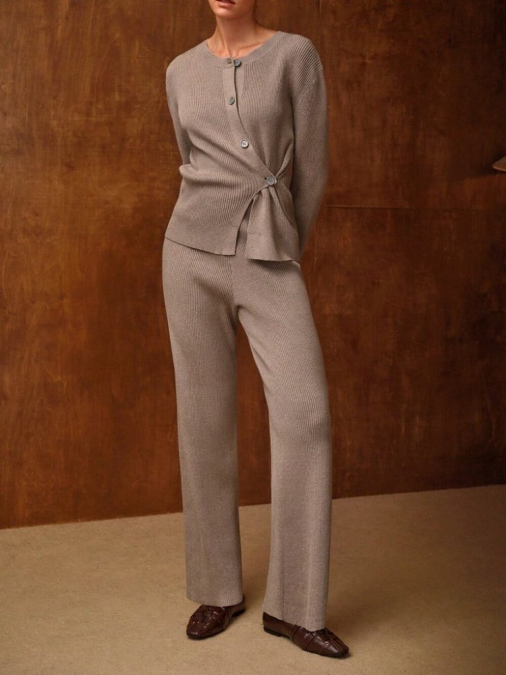 Taupe Warm Gray Ribbed Knit Wrap Cardigan and Pants Pantsuit Set